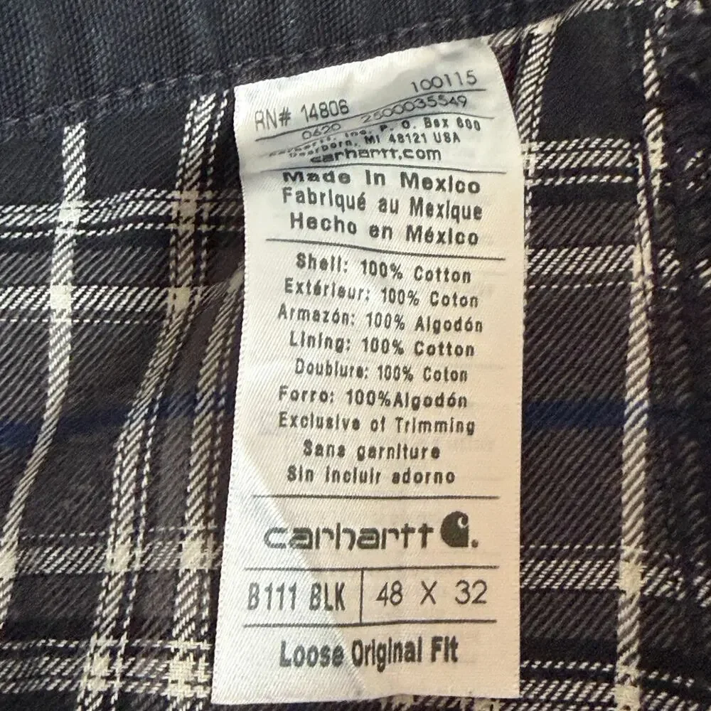 Carhartt B111 BLK Flannel Lined Duck Carpenter Work Pants 48x32 Loose Fit